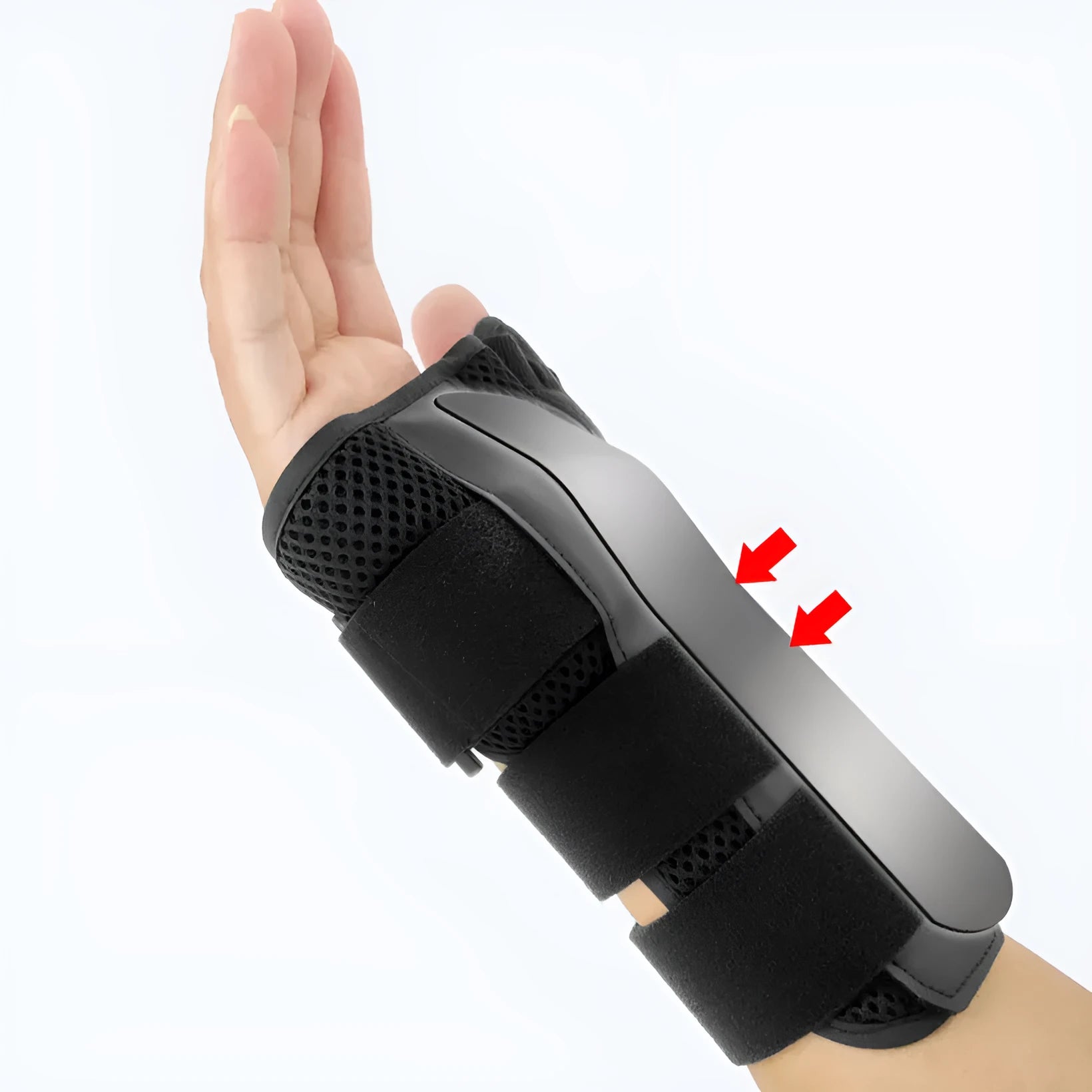 Carbon fibre style black sports wrist guard with grey edging and a thumb strap.