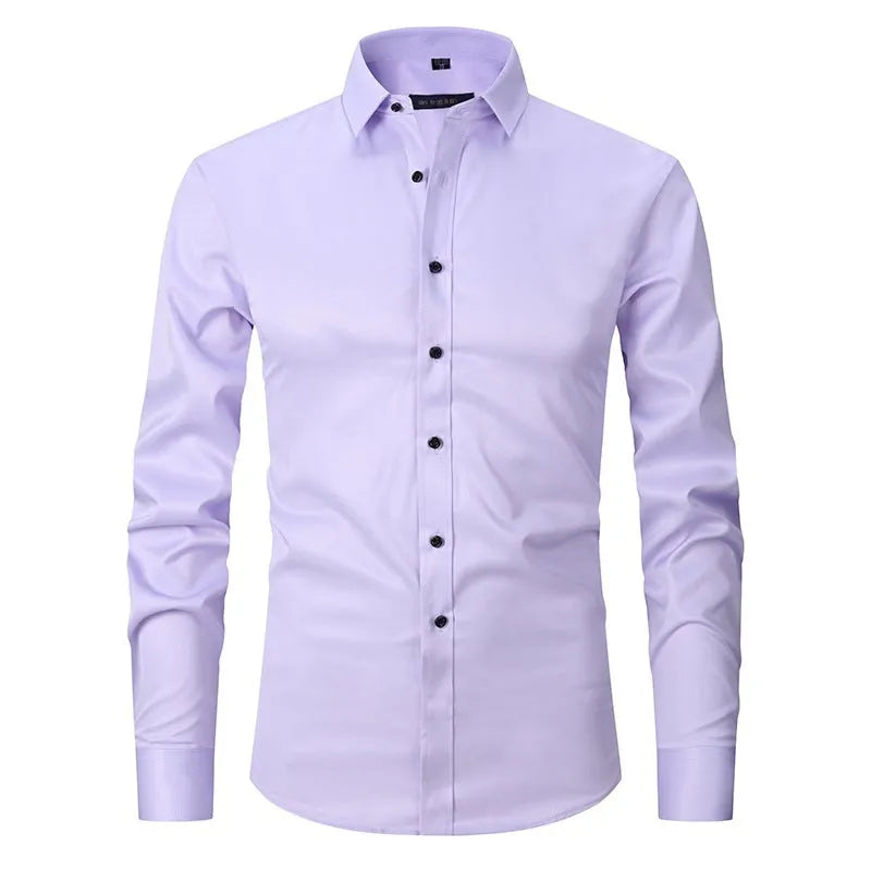 Men's long sleeve stretch work shirt in polyester fabric on a hanger.