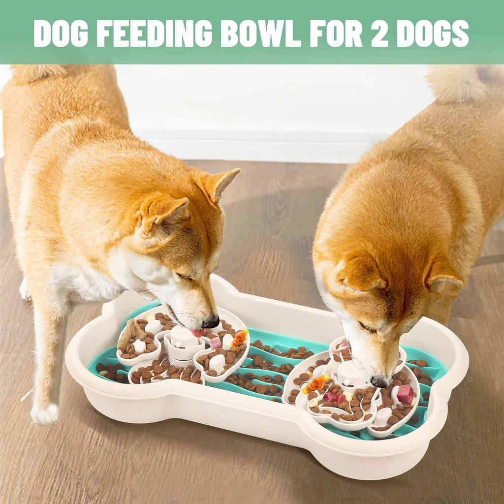 Large green dog slow feeder bowl with three puzzle trays and anti-slip suction cups