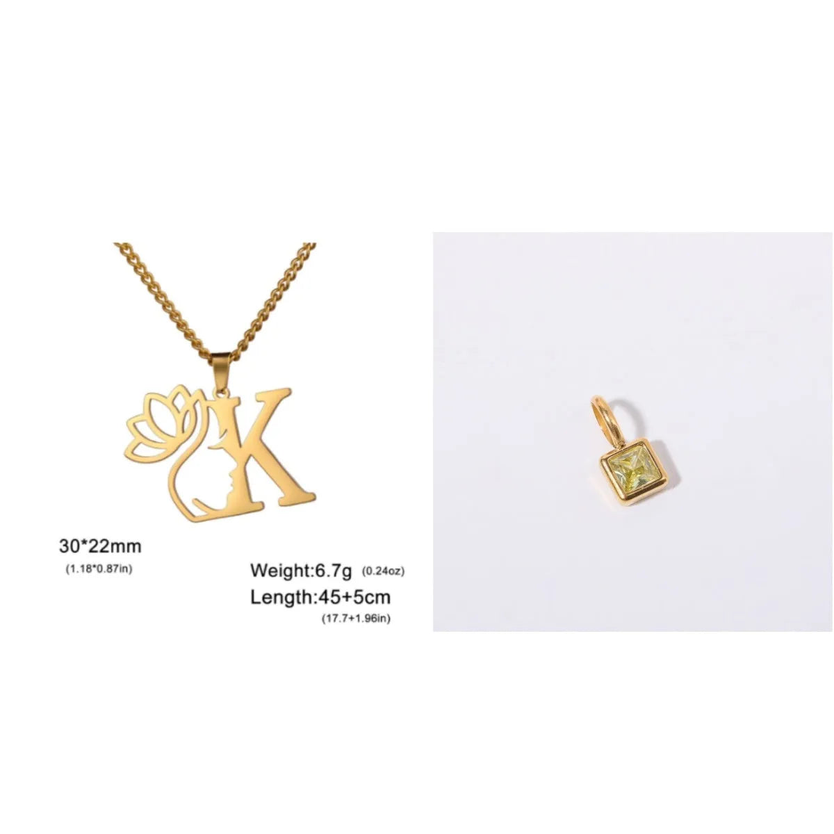 Stainless steel necklace with cross chain design and single letter pendant in gold or silver electroplated finish
