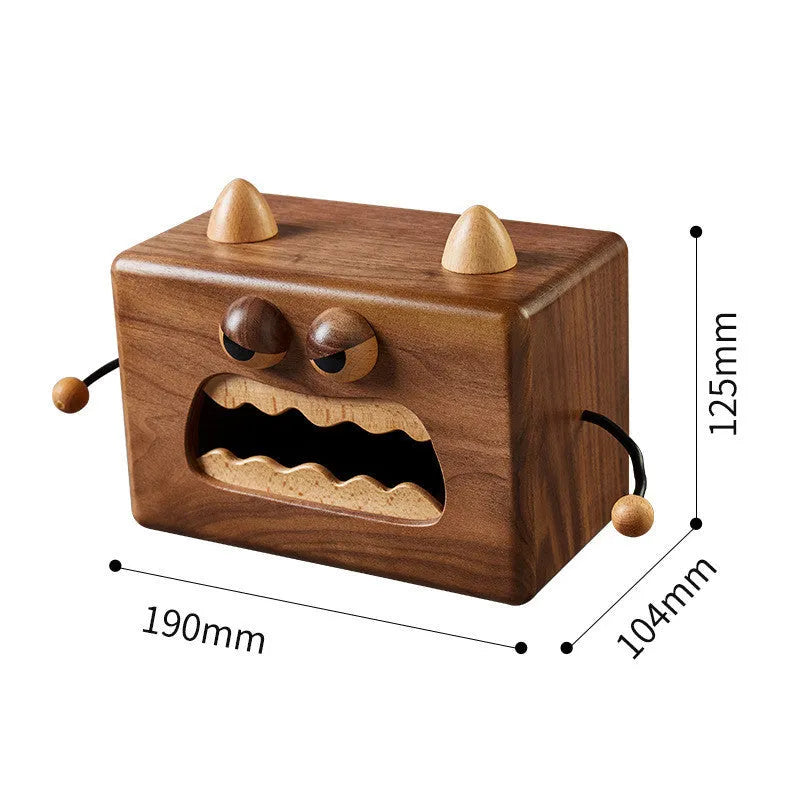 Cartoon Little Monster wooden tissue box in walnut beech colour, 190mm wide