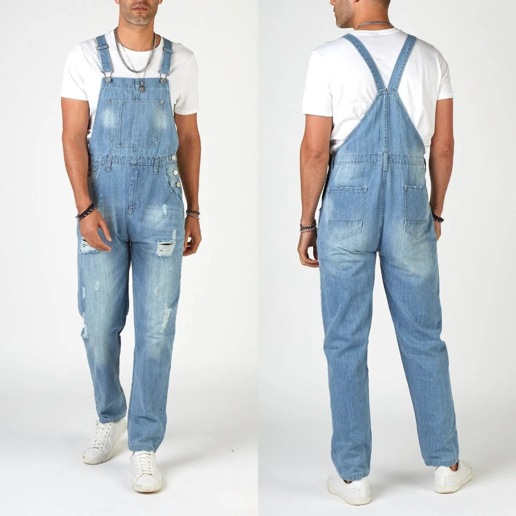 Men's light blue high-waist suspender jeans with ripped detailing and straight leg silhouette