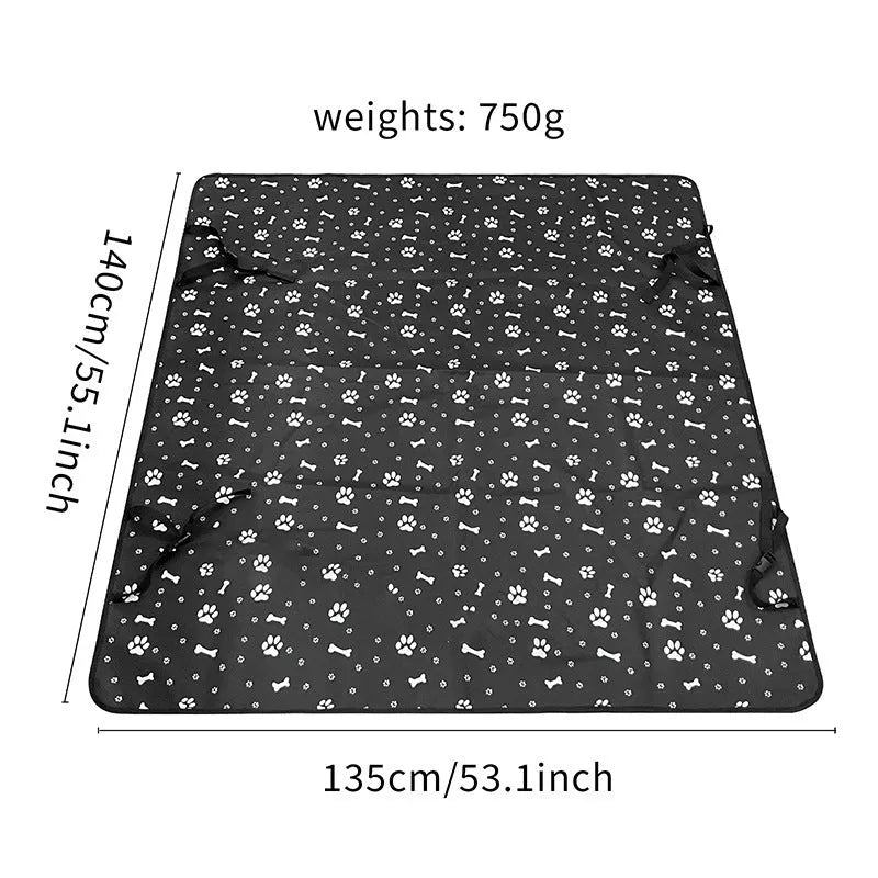 Dog car seat protector mat on rear bench seats in grey dog footprints pattern