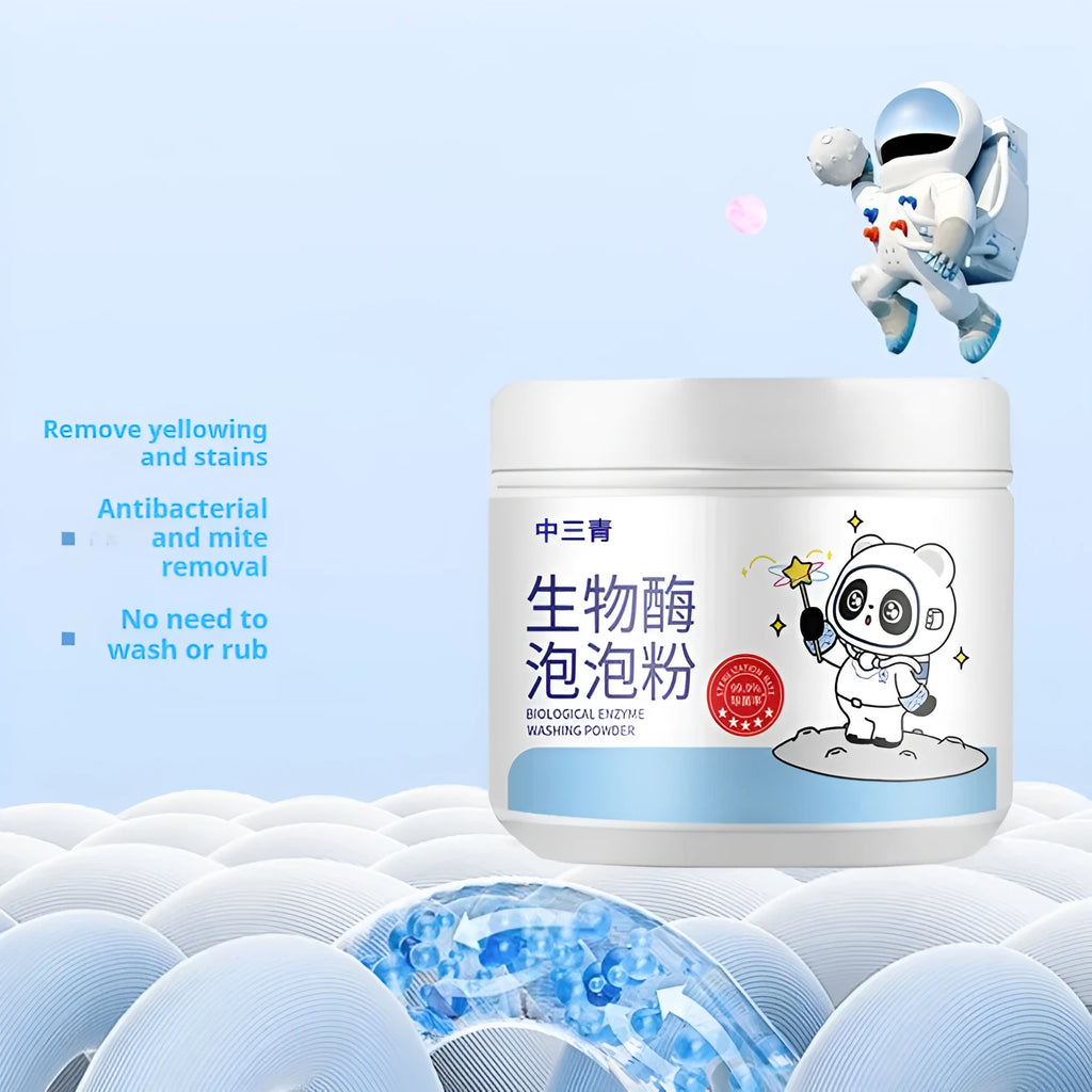 Bottle of biological enzyme and active oxygen laundry detergent bubble powder for down jackets and wool.