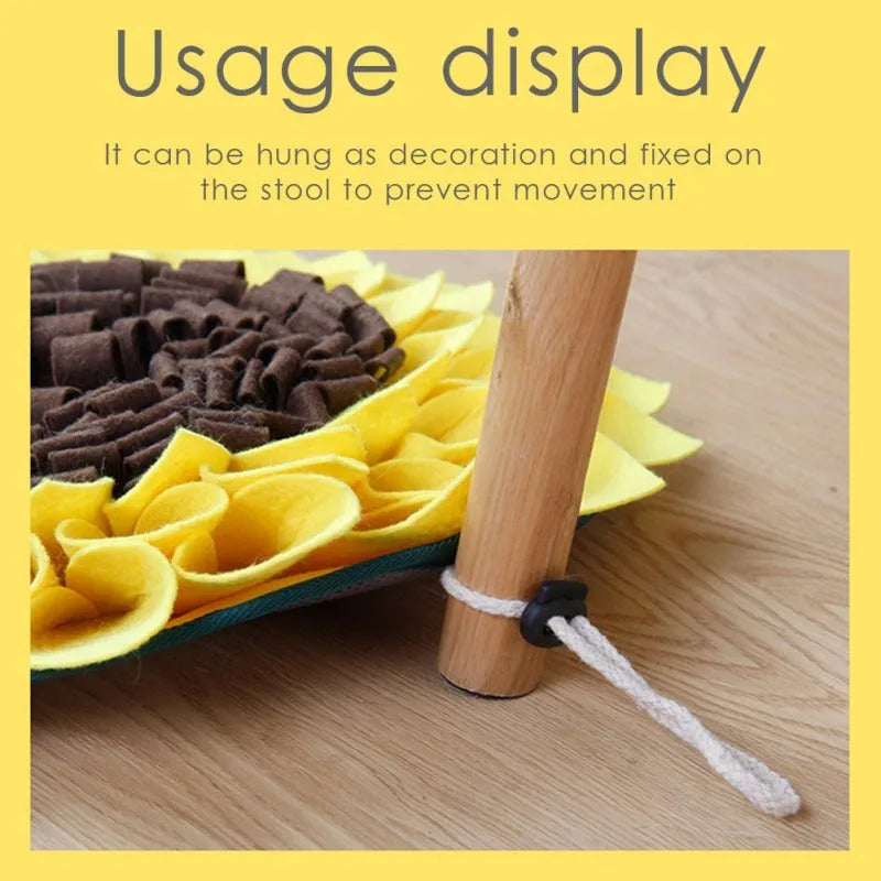Yellow sunflower-shaped dog snuffle mat with fleece folds for hiding treats.