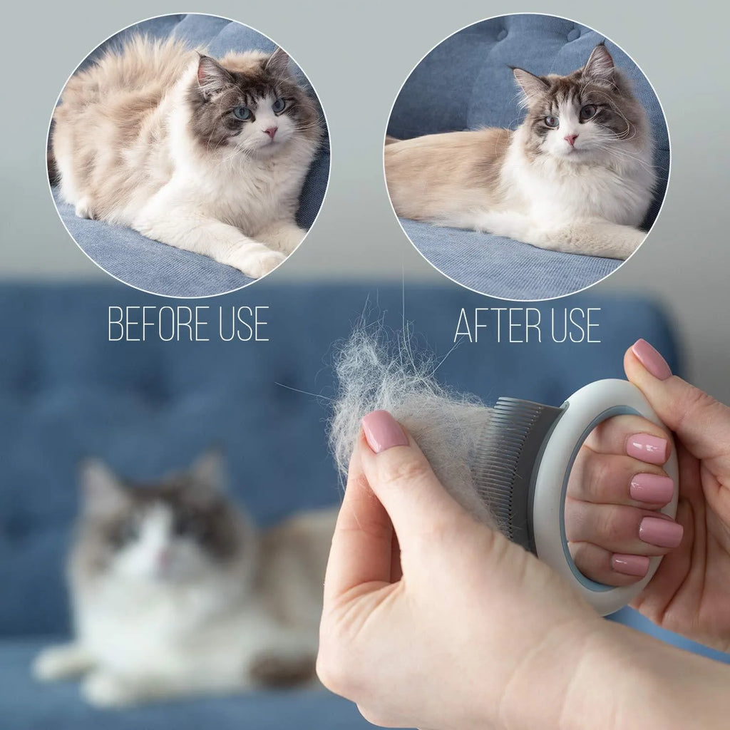 Blue pet grooming comb with ergonomic handle for deshedding and dematting cats and dogs