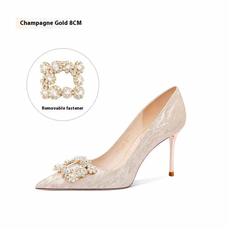 Champagne gold pointed toe stiletto high heels with rhinestone decoration