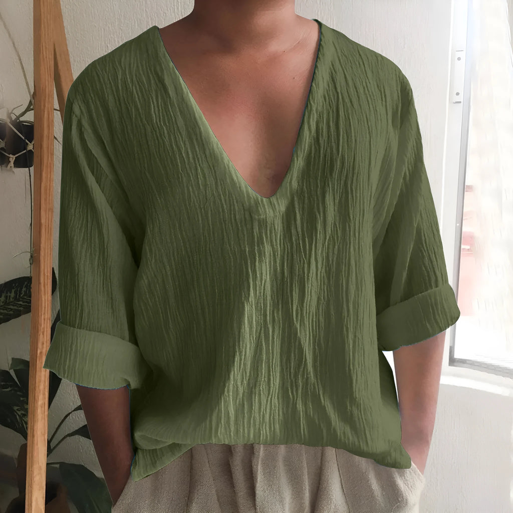 Men's long sleeve V-neck t-shirt in washed cotton fabric, solid colour options on hanger