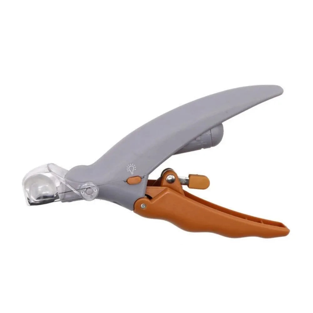 Yellow pet nail clippers with LED light and magnifying lens for dog and cat grooming