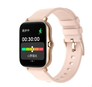 Smart watch with blue strap and 1.7-inch colour touch screen showing fitness stats