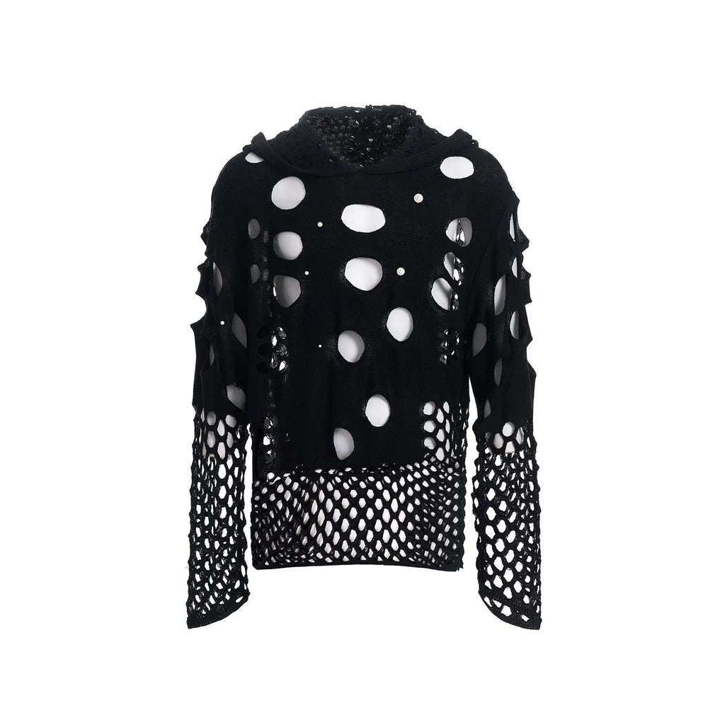 Men's black hoodie with pearl decorative details and hooded collar