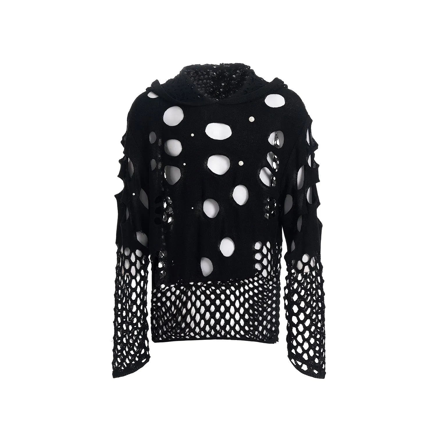 Men's black hoodie with pearl decorative details and hooded collar
