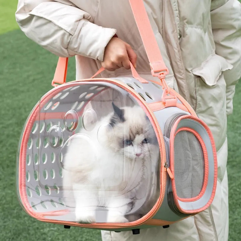 Transparent hard EVA space capsule backpack for cats, shown in green, with shoulder straps and large viewing window.