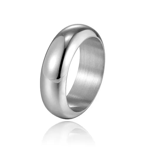 Glossy electroplated titanium steel ring in gold colour on a grey background.