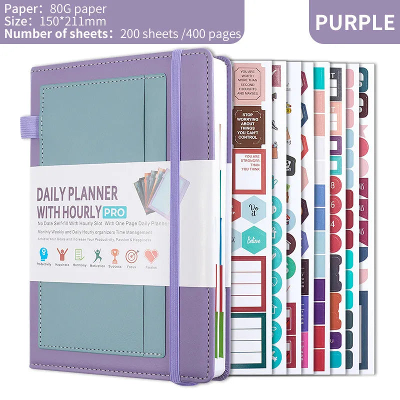 Self-filled no-date notebook with thread binding, showing PU cover in purple with planning stickers