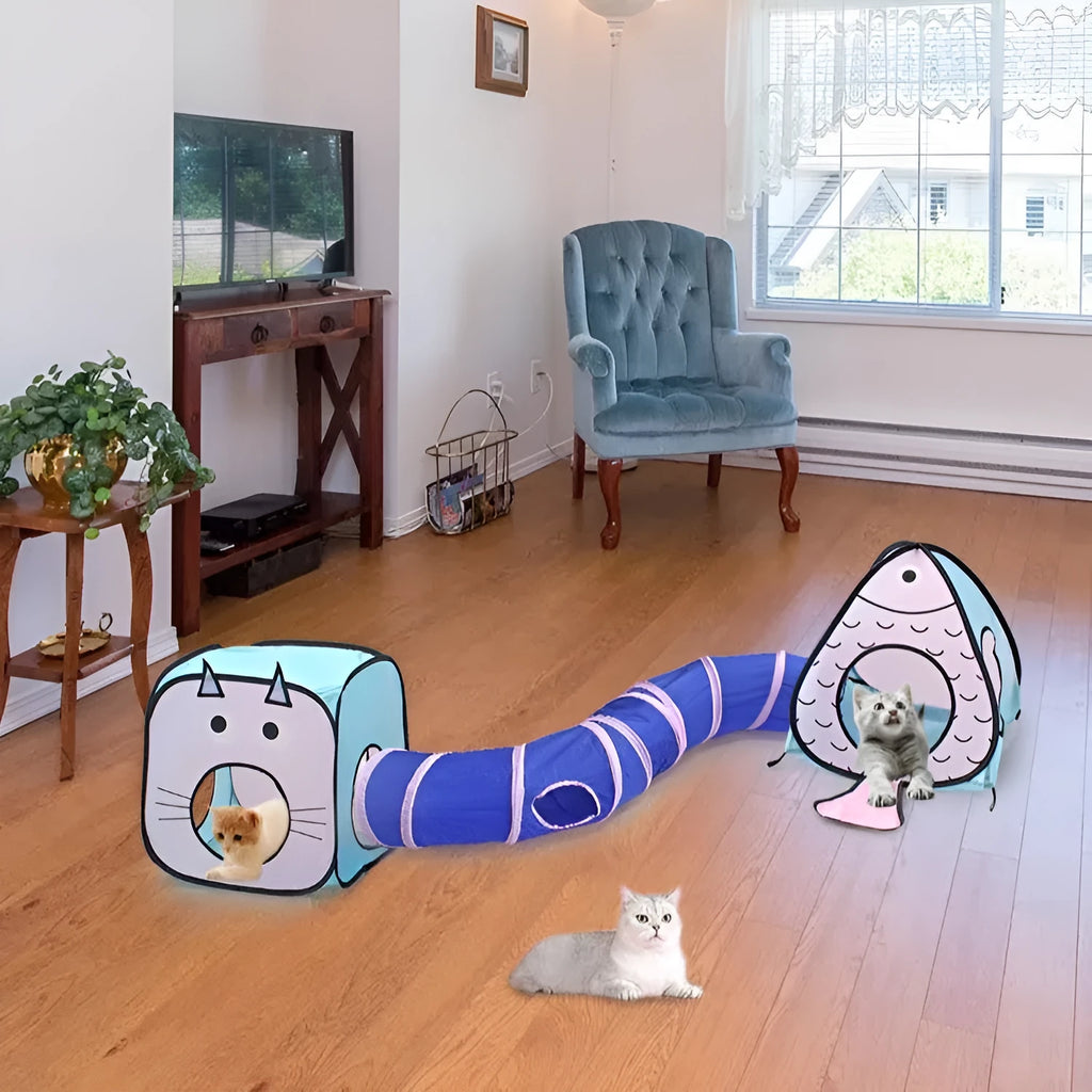 Foldable pet tent and tunnel set with cat and fish design for indoor cat play