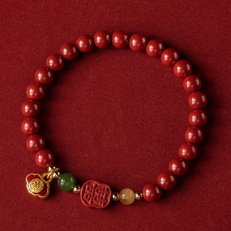 Emperor Sandstone Cinnabar bracelet with Fu character charm, showing 6mm and 8mm bead size options.