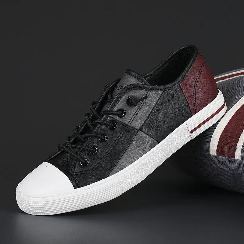 Men's colour-contrast leather shoes with microfiber upper and elastic band design in black and white combination