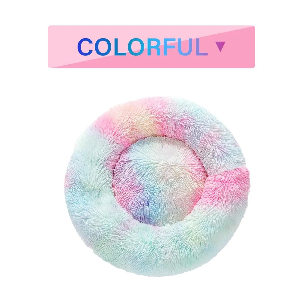 Donut-shaped long plush pet bed with raised sides, shown in a neutral colour.