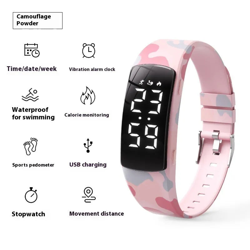 Black vibration alarm smart watch with LED display and silicone strap on a wrist.