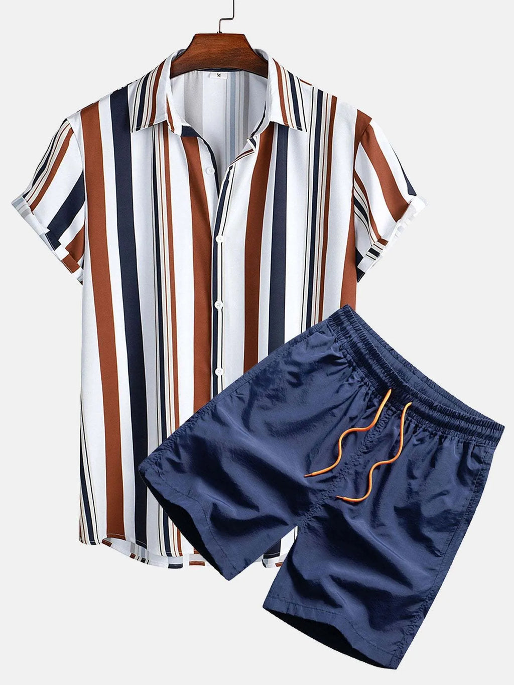 Men's casual suit with digital print short sleeve shirt and matching shorts in stretch polyester fabric