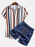 Men's casual suit with digital print short sleeve shirt and matching shorts in stretch polyester fabric