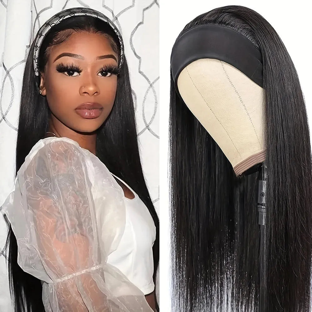 Black long straight headband wig and black long curly headband wig displayed on a stand.