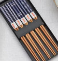Set of 5 pairs bamboo chopsticks with Japanese-style patterns in gift box packaging