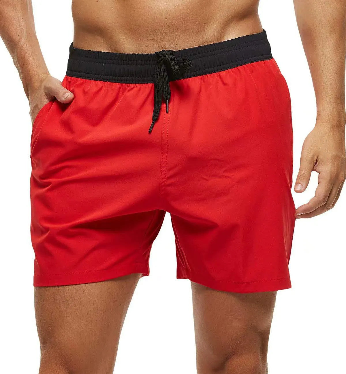 Men's blue fitness shorts with stitching waist detail, drawstring, and multiple pockets for gym workouts