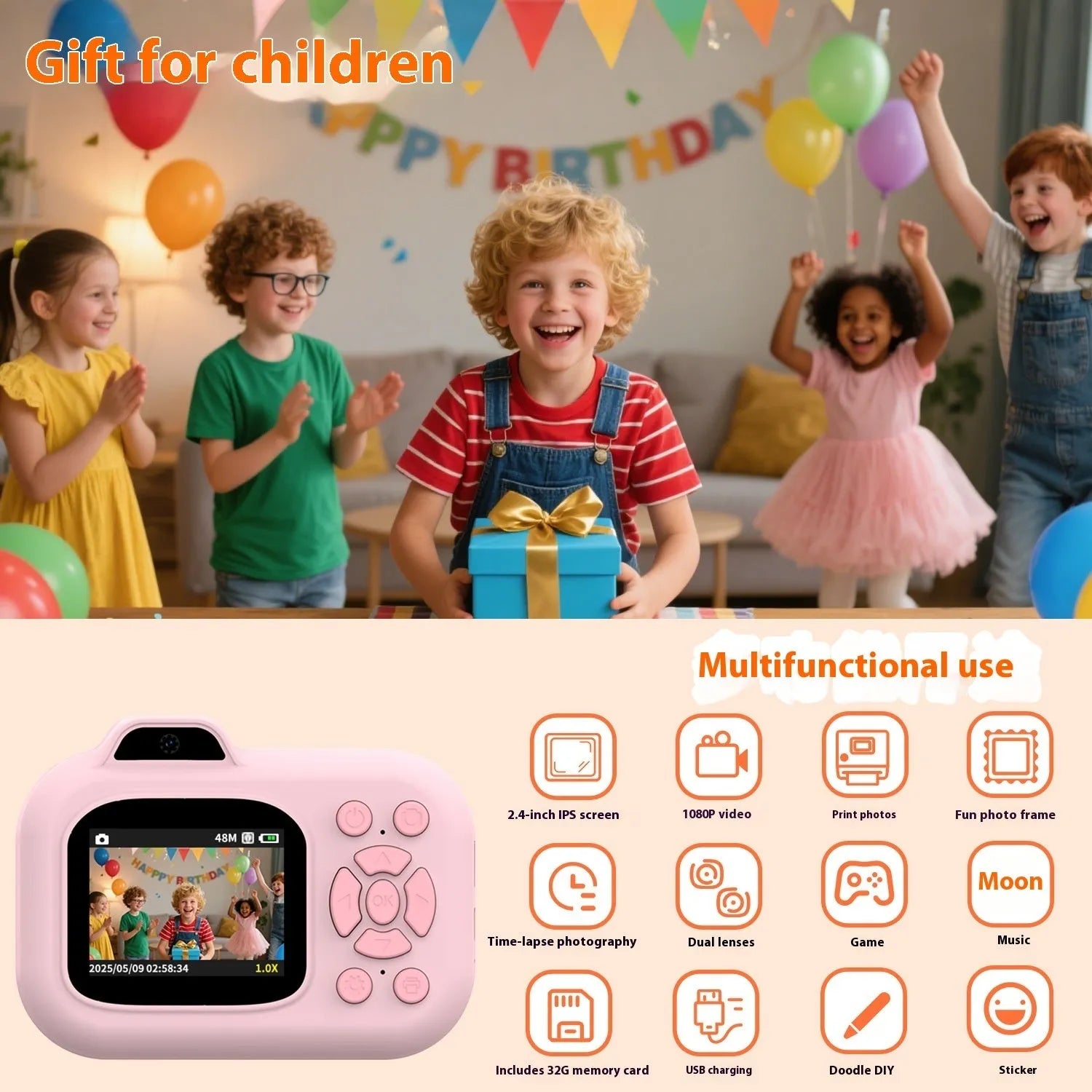 Children's digital camera toy in pink, blue or purple colours with video recording and photography functions