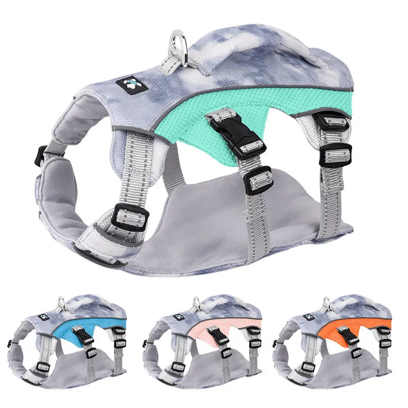 Reflective blue dog cooling vest chest strap harness with quick-release buckle on a grassy background.