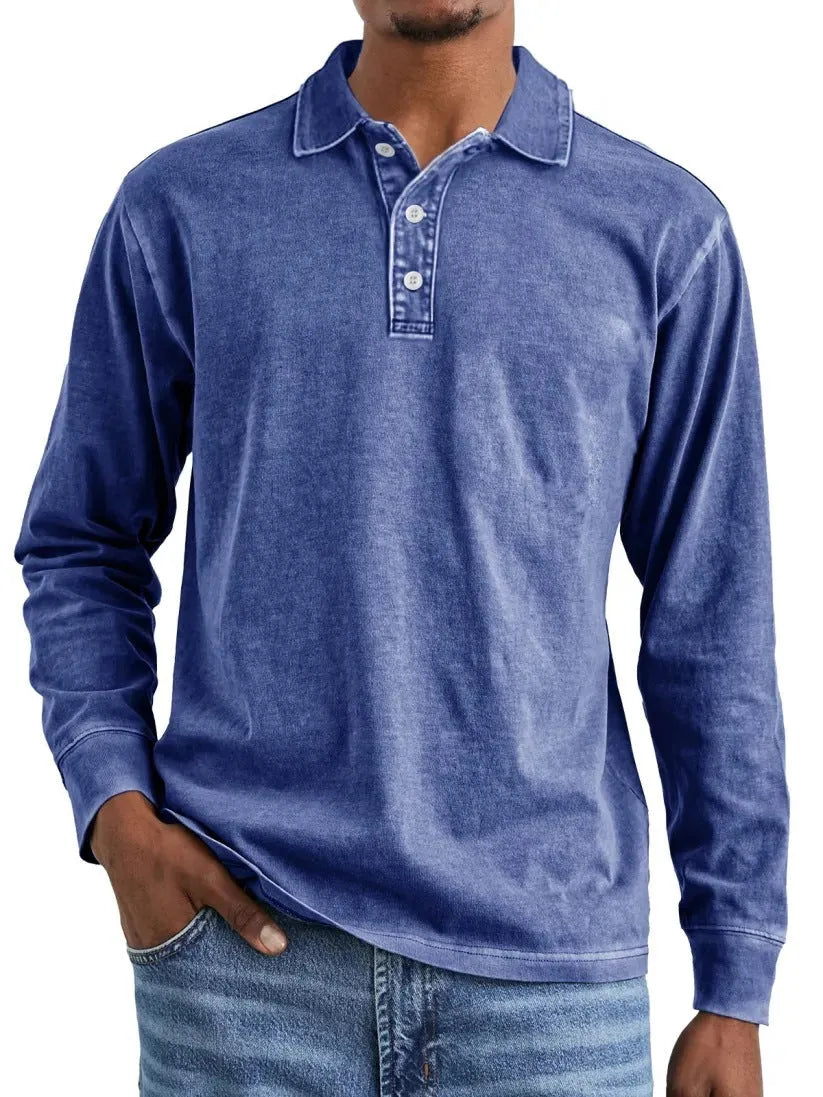 Retro washed distressed pure cotton lapel long sleeve polo shirt shown in Army Green.