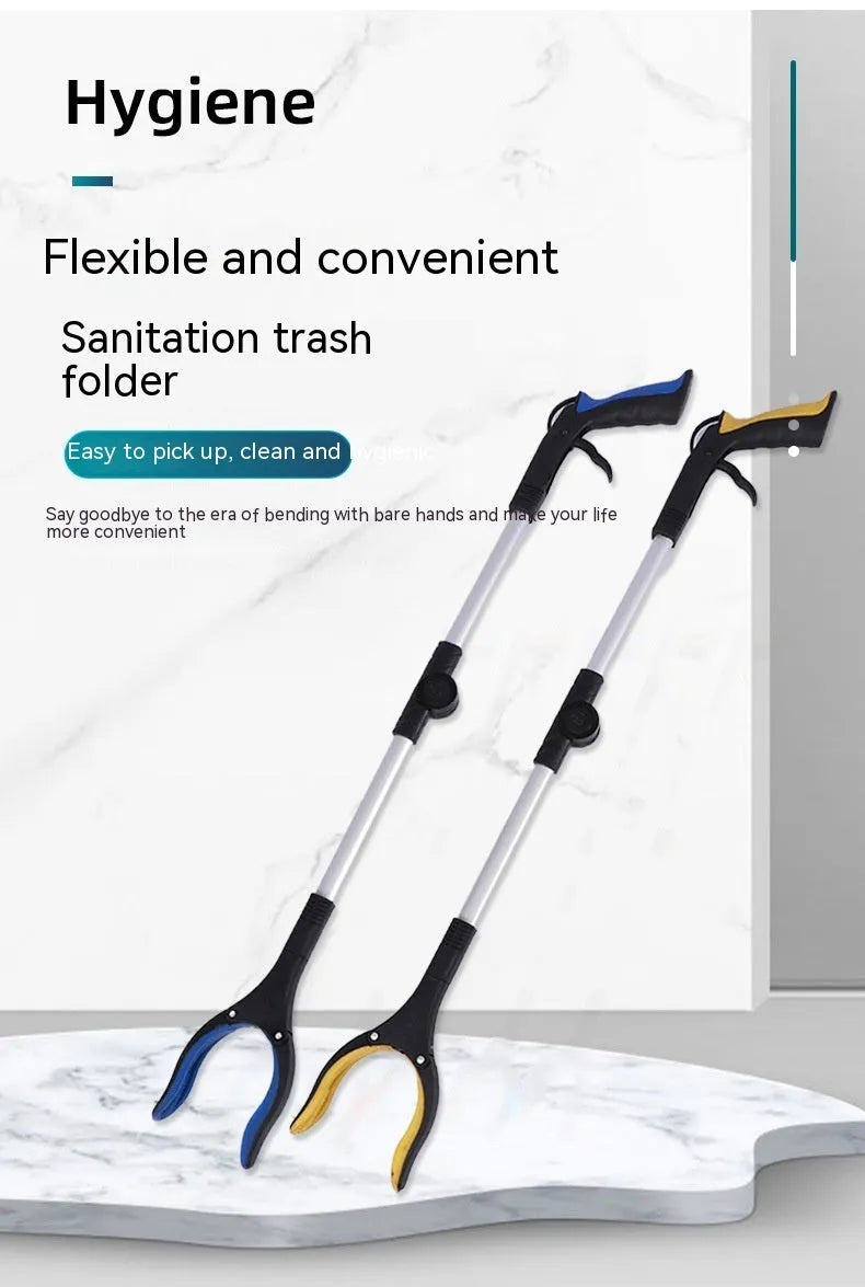 Foldable aluminium sanitation clamp with magnet, shown extended and collapsed with blue handle