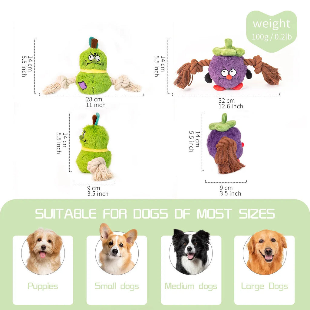 Green and purple plush rope knot dog toy with tug of war design for interactive play and dental care