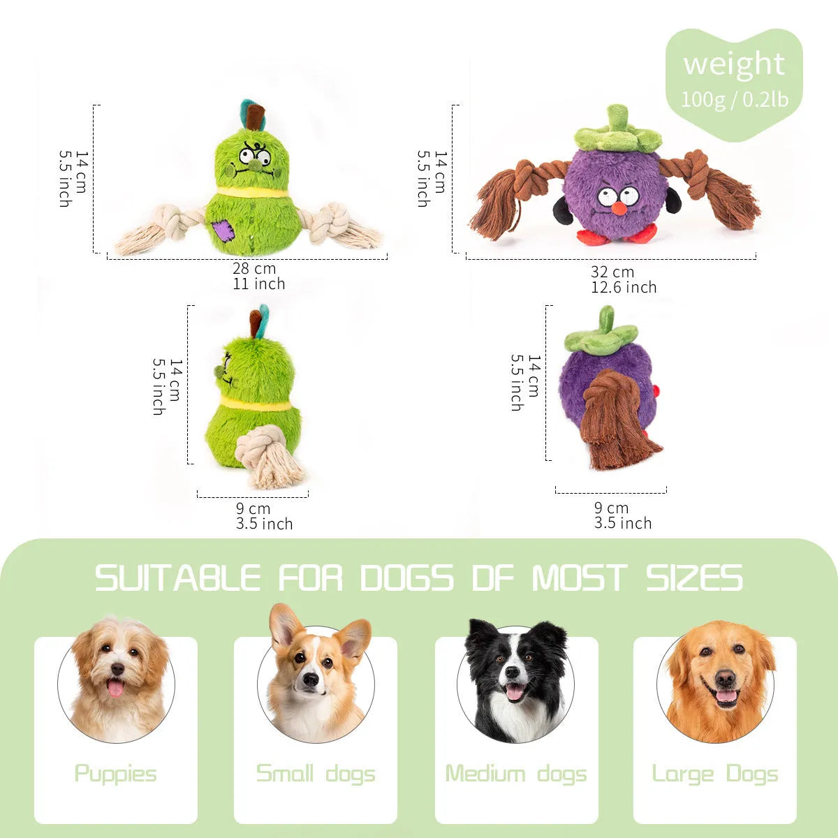 Green and purple plush rope knot dog toy with tug of war design for interactive play and dental care
