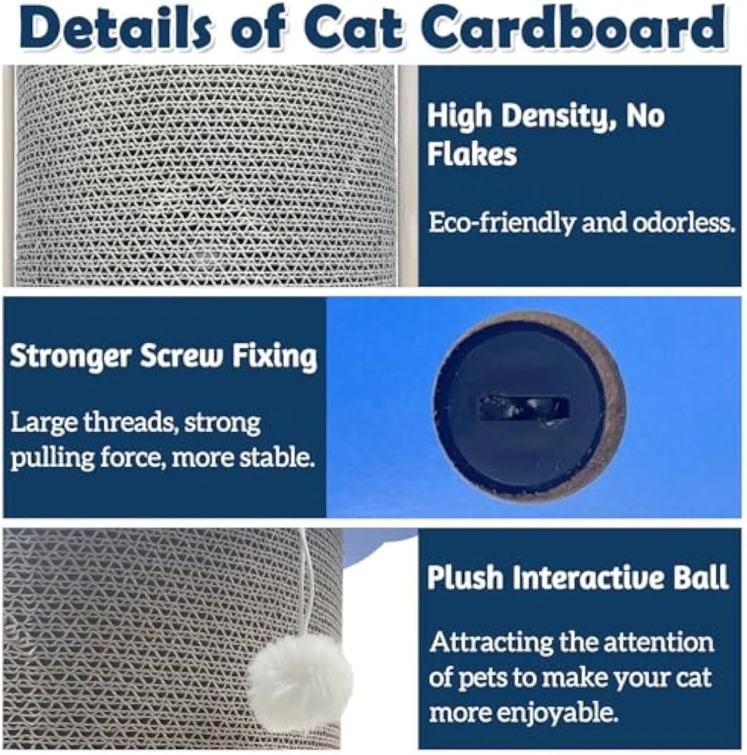 Cardboard corner scratching pad for cats on a wall with hanging ball and catnip.