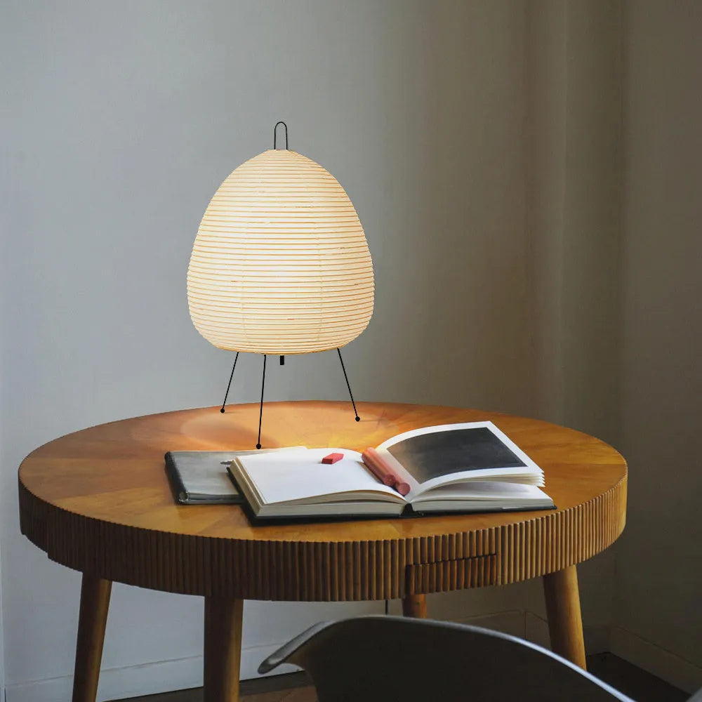 Japanese style rice paper table lamp with aluminium base and handmade shade showing three-tone dimming control