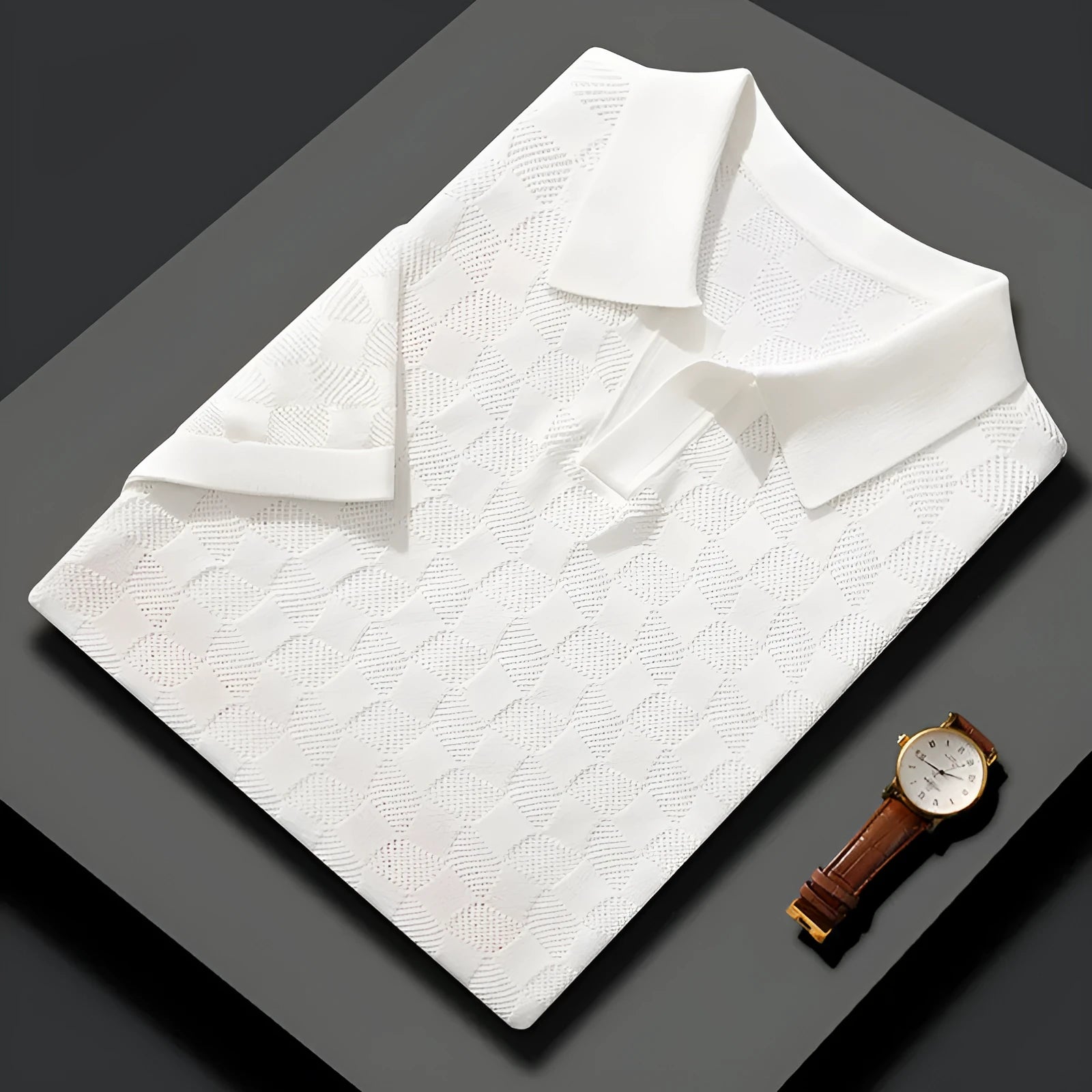 Man wearing a short sleeve mulberry silk sweater with lapels in a solid colour for business casual attire.