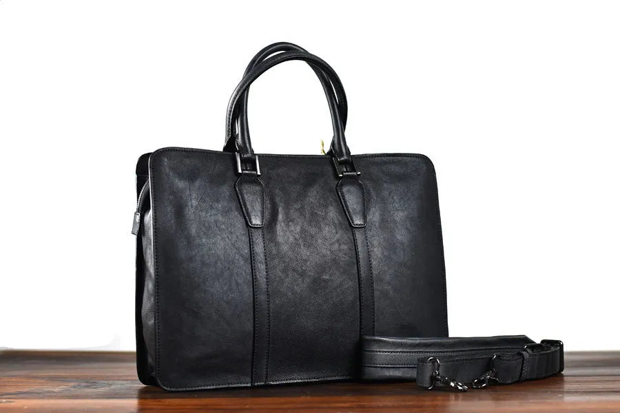 Men's 14 inch horizontal square leather business handbag in khaki or black colour