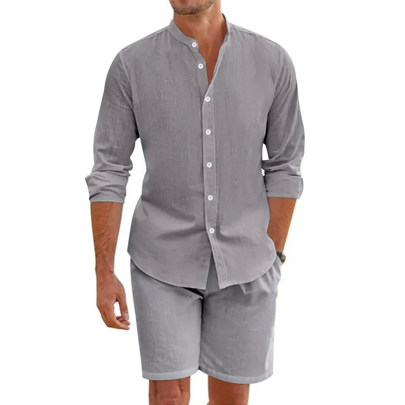 Men's light blue linen blend short sleeve shirt and drawstring shorts summer suit set.
