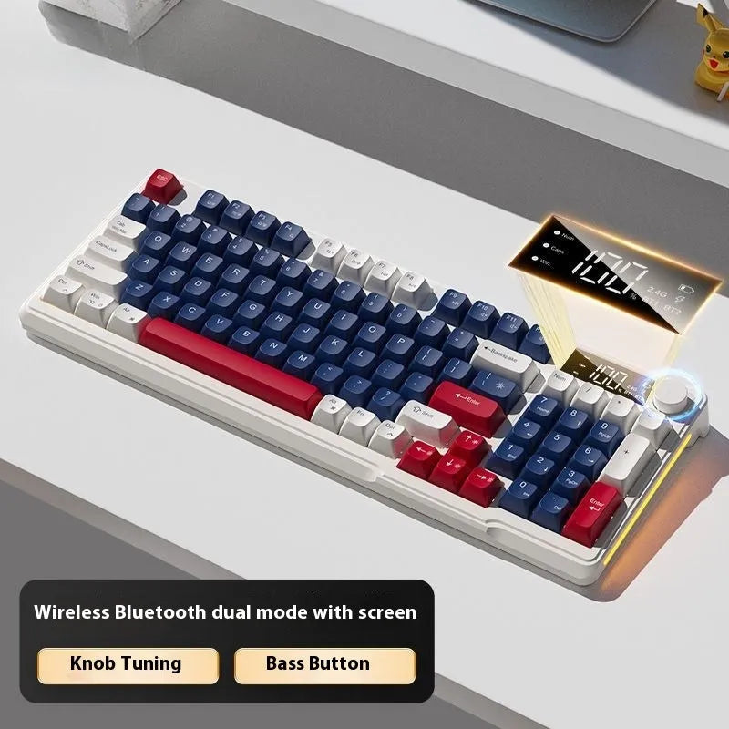 Blue and white wireless mechanical keyboard and mouse set on a desk, showing Type-C cable.