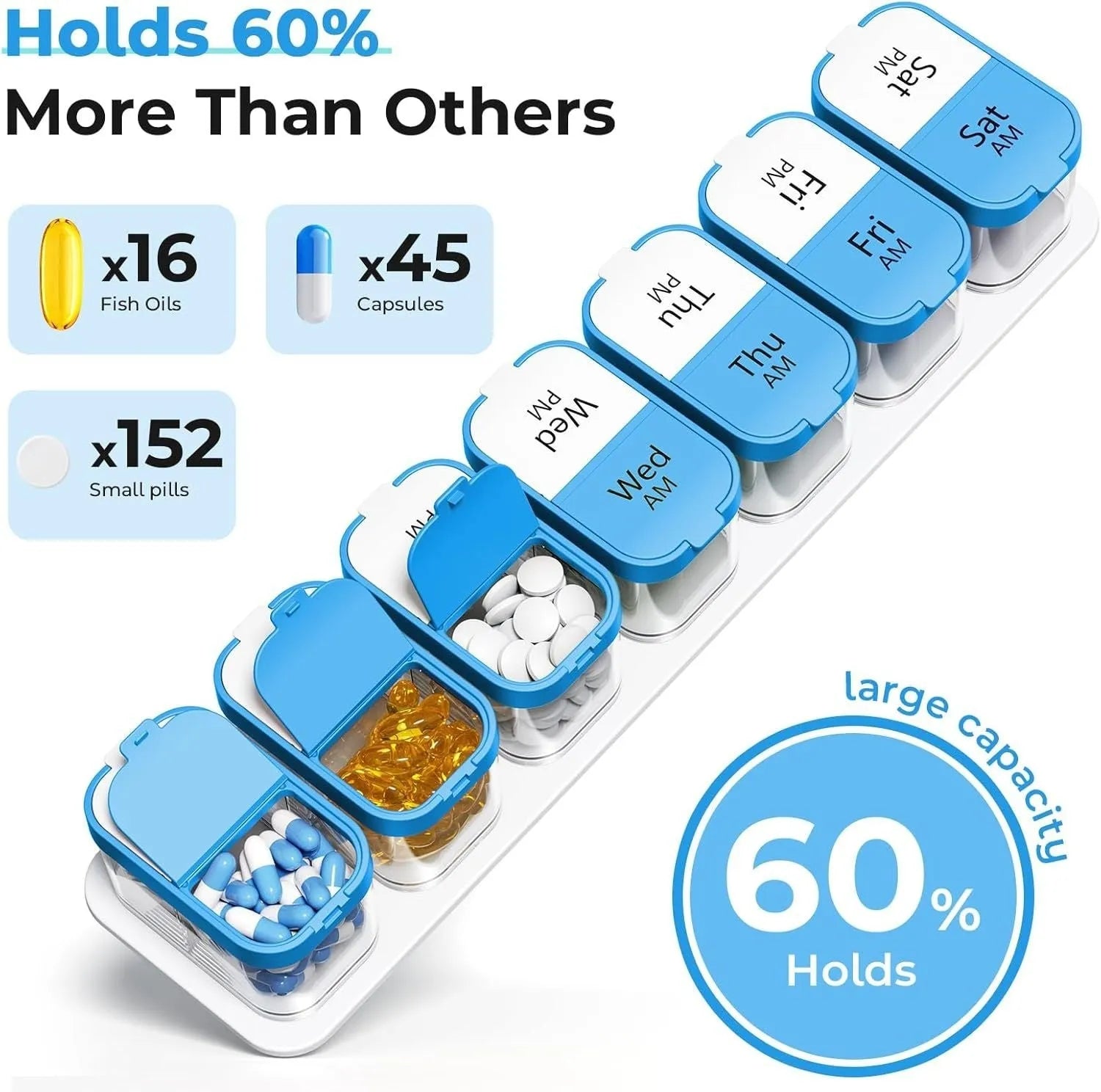 Amazon 14-compartment removable pill box dispenser in white or rainbow colour with extra large 1L capacity