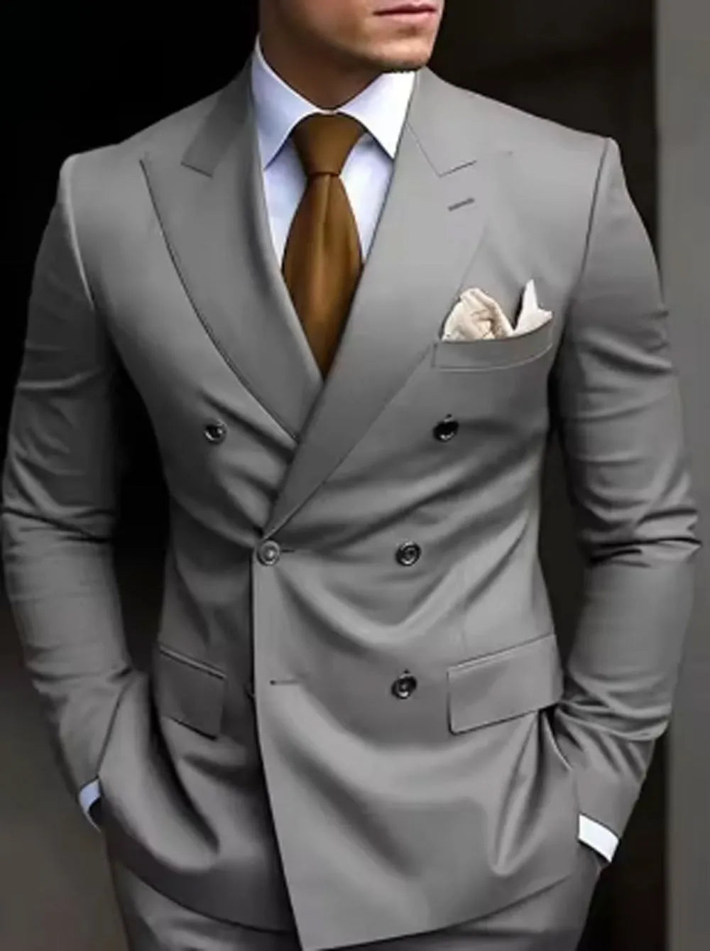 Korean style slim fit men's two-piece suit in a cotton blend fabric for business and banquet wear.