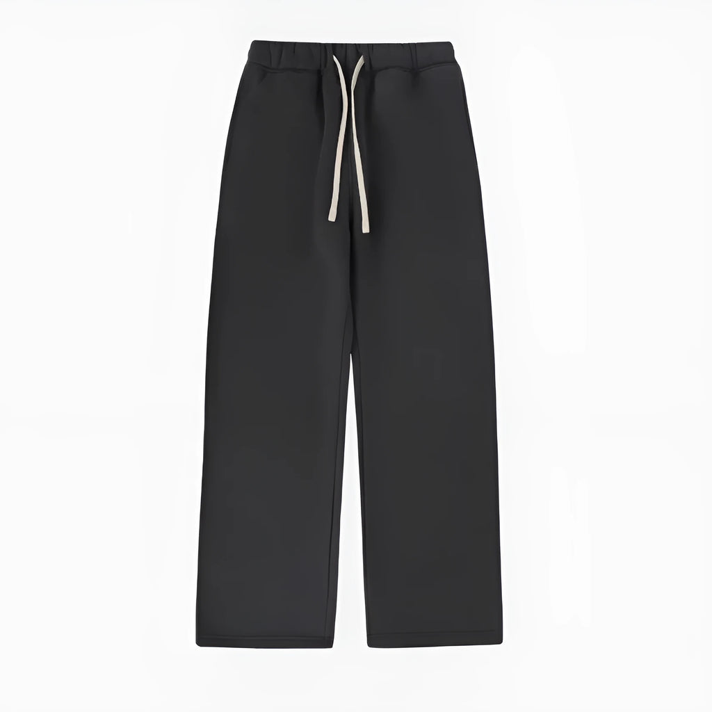 Men's grey fleece-lined sweatpants with elastic drawstring waistband and loose fit design