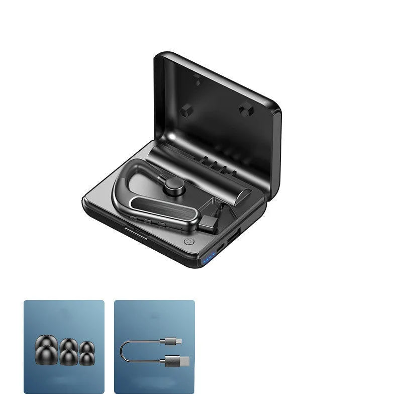 Black Bluetooth wireless earphones with hanging ear design and three sets of silicone ear caps