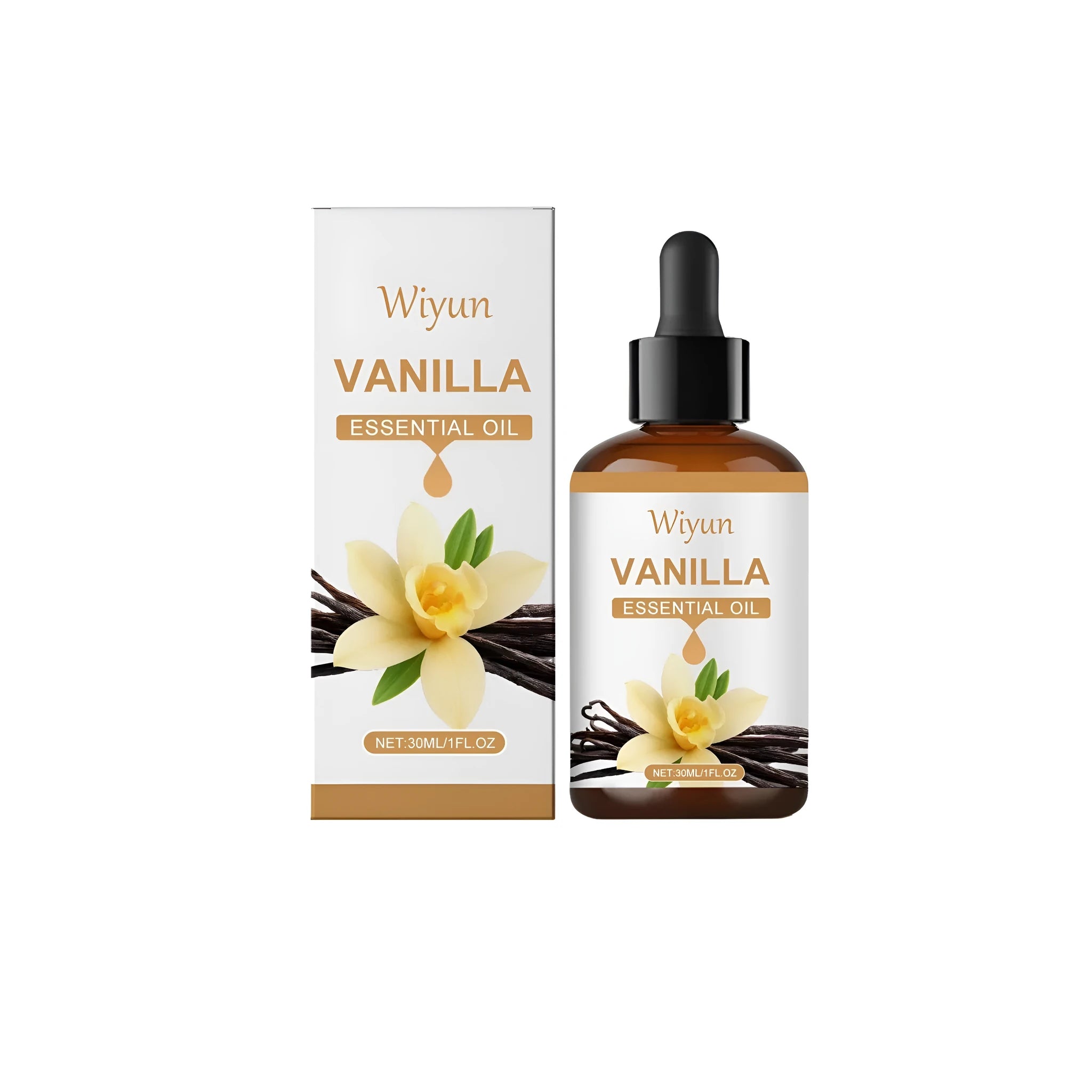30ml glass bottle of vanilla flavoured oil with a liquid contents and a label.
