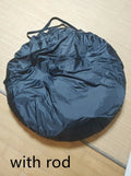Black pop-up car tailgate tent unfolded, showing quick-throw design and cubic 200cm dimensions.