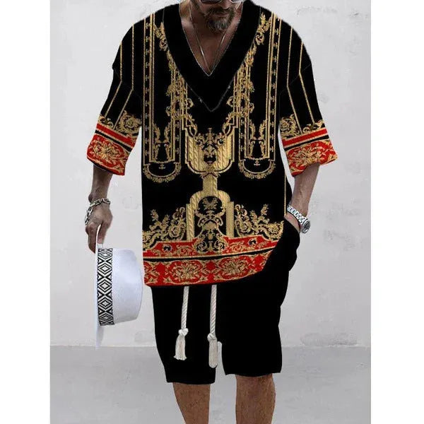 Men's loose casual short sleeve top and shorts suit separates set in polyester fabric