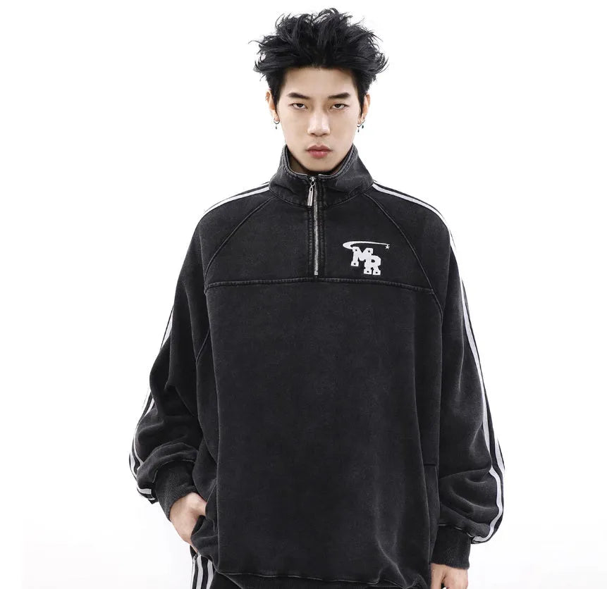 Black Hong Kong style retro sports hoodie with stand collar design and long sleeves