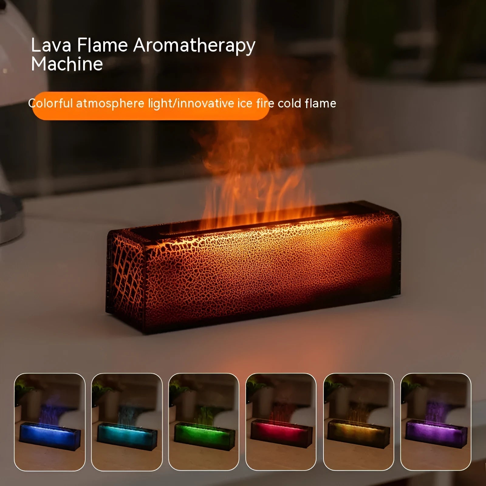 Square lava flame aroma diffuser humidifier with USB cable and lighting effect in black or white